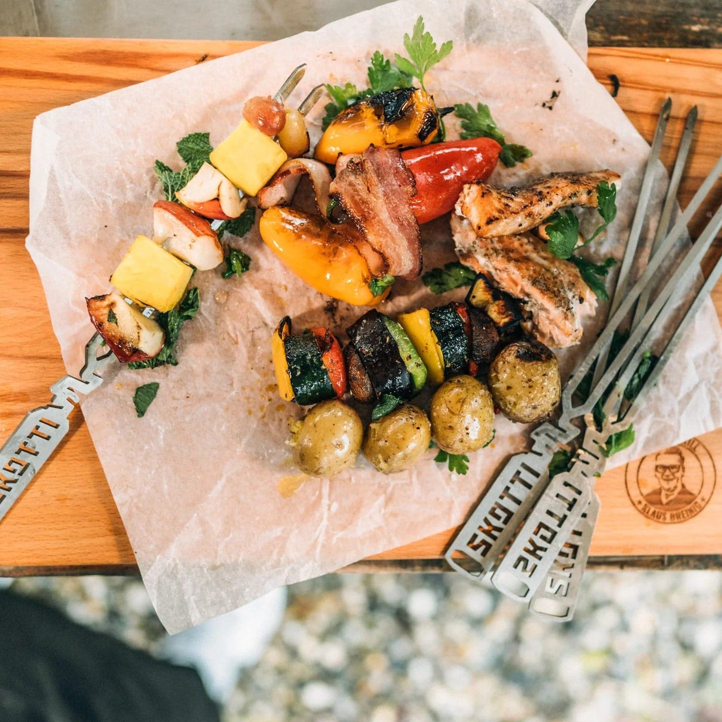 delicious chicken skewers and vegetable skewers made with skotti pikes